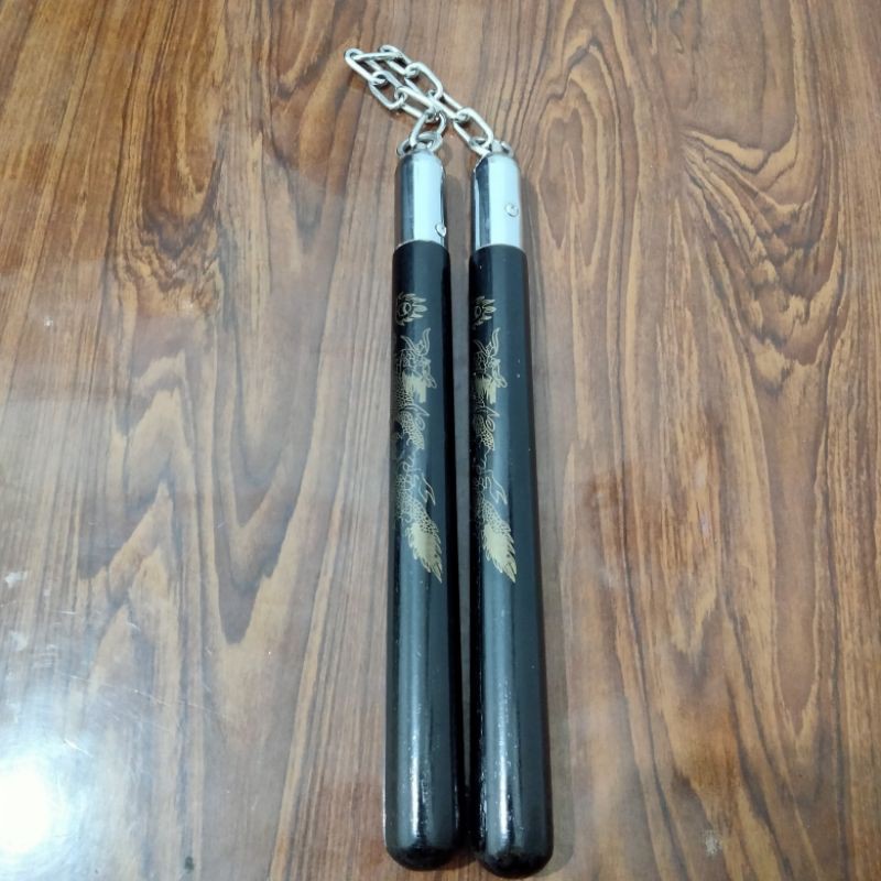 Double stick ruyung nunchaku kayu motif gambar naga