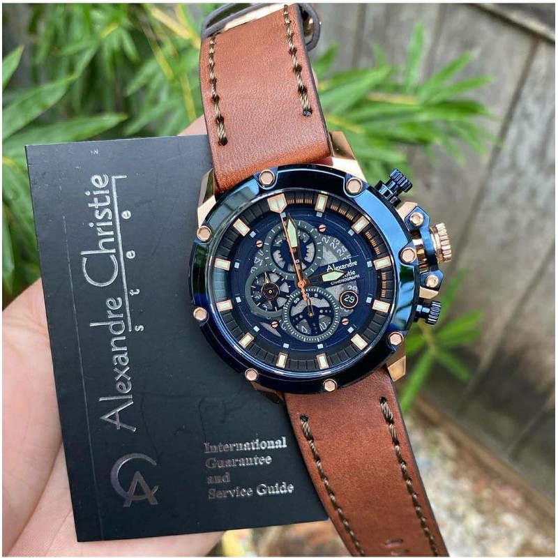 ORIGINAL GARANSI RESMI JAM TANGAN PRIA ALEXANDRE CHRISTIE ROSEGOLD BLUE BROWN KULIT STRAP ARLOJI WAT