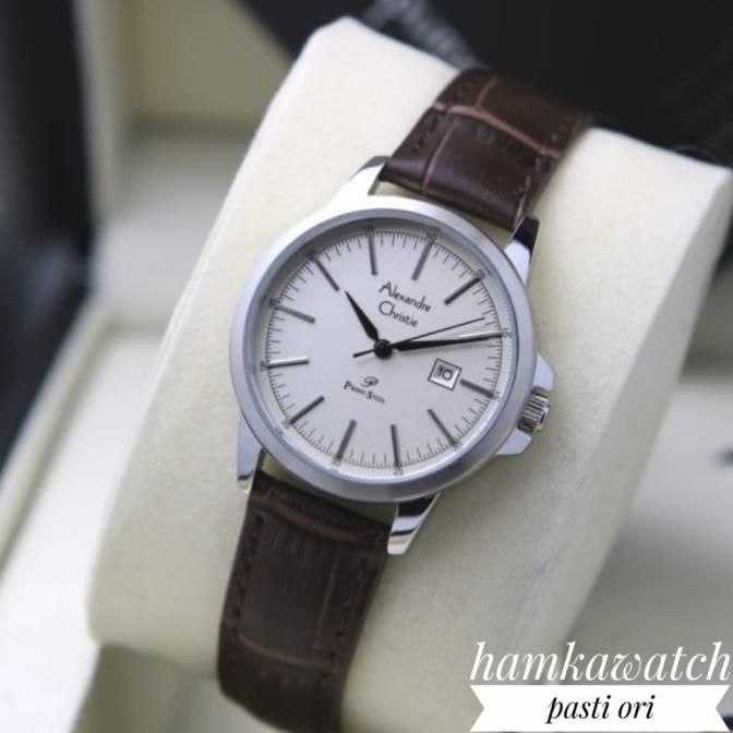 Anyar Jam Tangan Wanita Alexander Cristie Ori Ac1008 Kulit Silver Coklat "M>