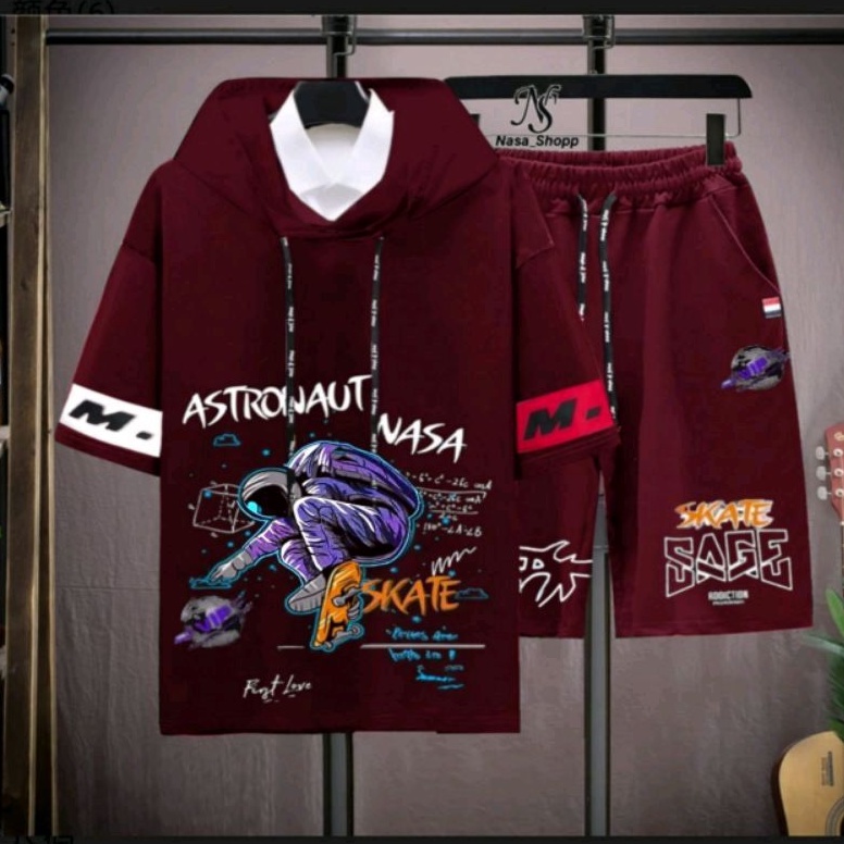 N_S Stelan Pria/Wanita 1Set Distro Baju Hoodie+Celana Pendek ASTRONAUT SKATEEE