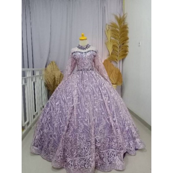 gaun pengantin mewah preloved ungu taro lilac ball gown second bekas wedding resepsi akad jumbo XXL
