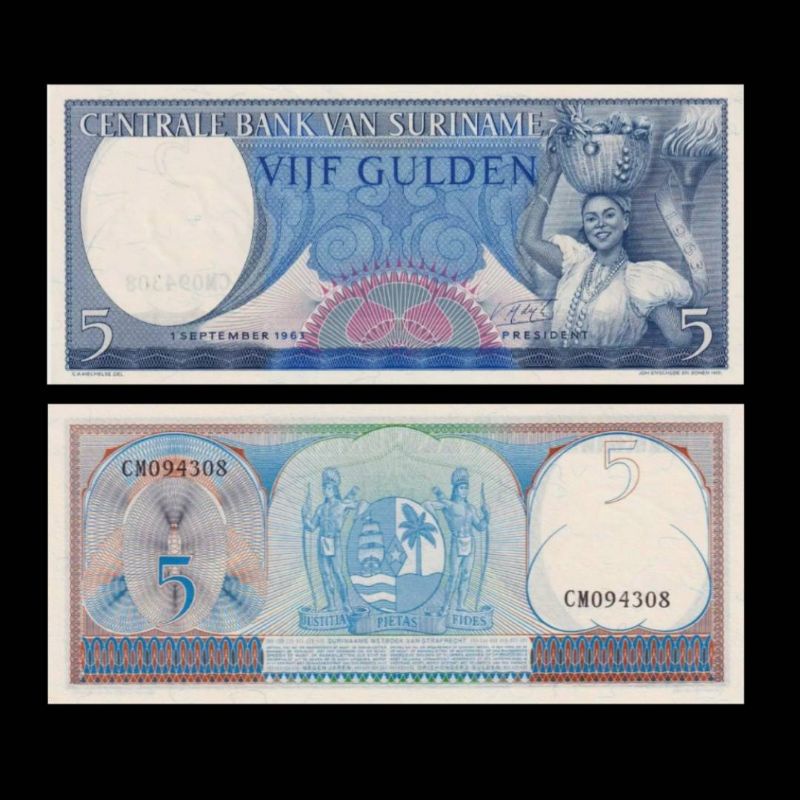 UANG SURINAME 5 GULDEN 1963 UNC ORIGINAL BANKNOTE OLD MONEY