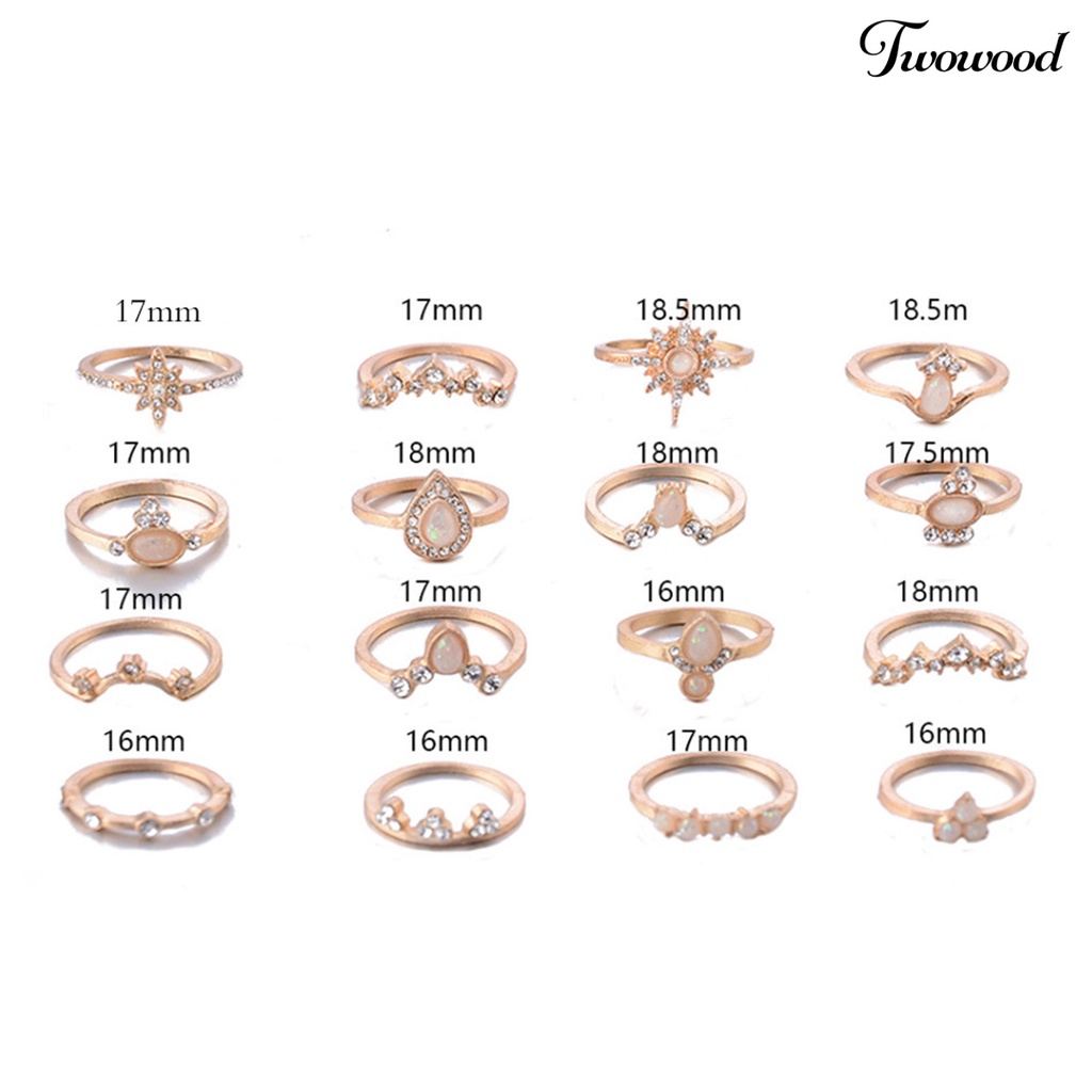 16pcs / Set Cincin Knuckle Bentuk Mahkota Aksen Berlian Imitasi Bahan Alloy Stackable Gaya Bohemia