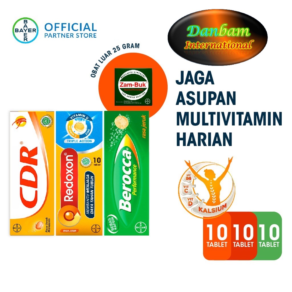 Trial pack (CDR 10 Tab + Redoxon 10 Tab + Berocca Multivitamin B Kompleks 10 Tab) & Zambuk 25 gram