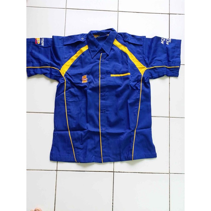 baju mekanik kemeja castrol, repsol, top1