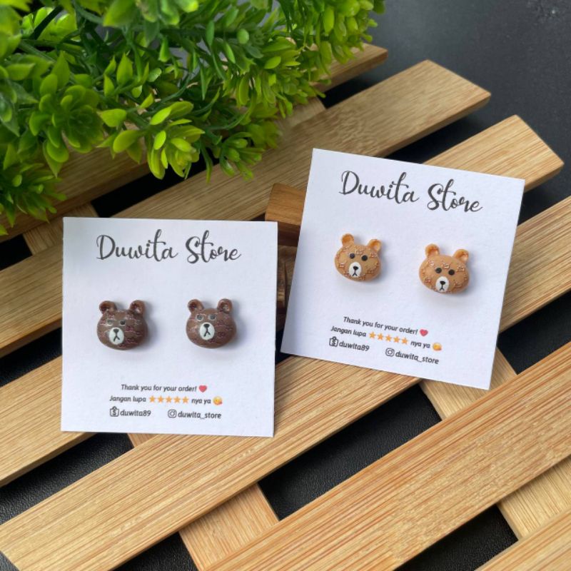 HANDMADE ANTING ANAK/DEWASA ANTING TUSUK PLASTIK MOTIF RABBIT-BROWN