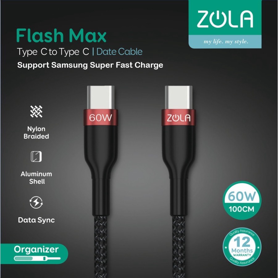 KABEL DATA TYPE C TO TYPE C KABEL FAST CHARGING ZOLA FLASH MAX TYPE C TO TYPE C SUPPORT FAST CHARGING