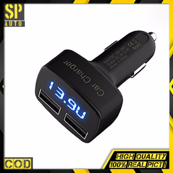 4 in 1 Car Charger Hp Mobil - Voltmeter- Temperatur - LED BLUE SH130