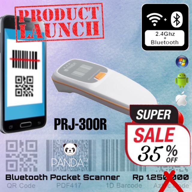 PRJ-300R 1D/2D Wireless Pocket Portable Barcode Scanner (USB+Bluetooth+2.4G) QR Code, Efaktur, etc