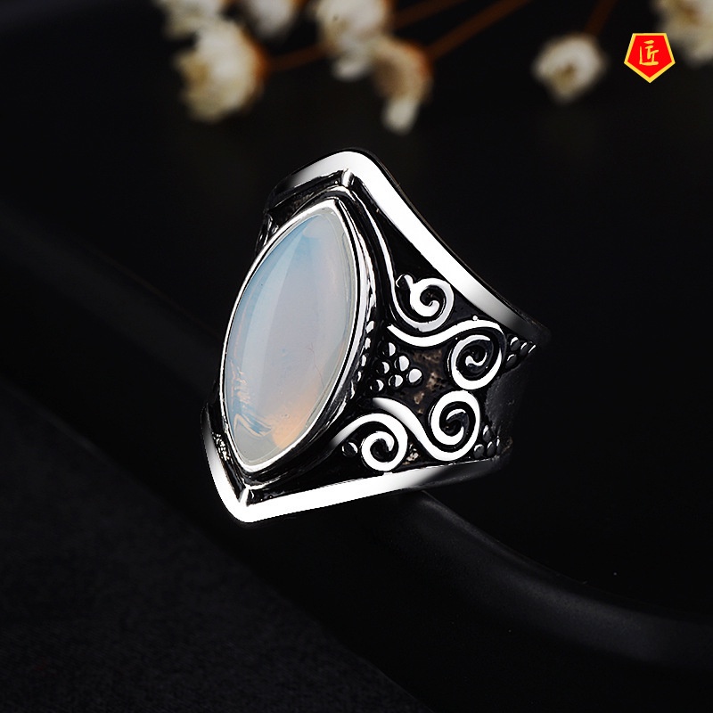 [Ready Stock]Fashion Retro Moonstone Opal Silver Ring Punk Exaggerated