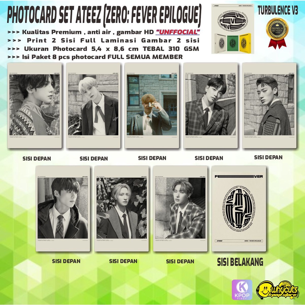 PHOTOCARD SET PREMIUM KPOP/ ATEEZ / ZERO FEVER EPILOGUE / PRINT 2 SISI FULL LAMINASI / ISI 1 SET 8PCS