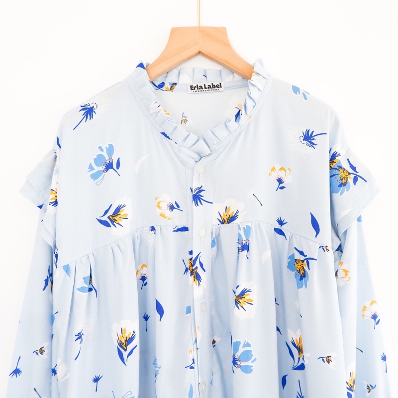 Kemeja Motif Oversize XXL LD 130  Rayon Bigsize Blouse Jumbo-SOFT BLUE