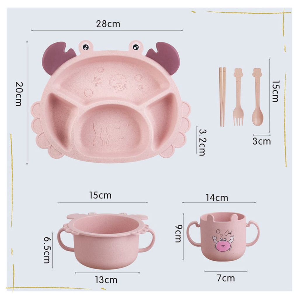 Lakuku - Feeding set 6 in 1 Crab Penguin wheat straw Peralatan Makan Anak Piring Gelas Mangkuk jerami gandum