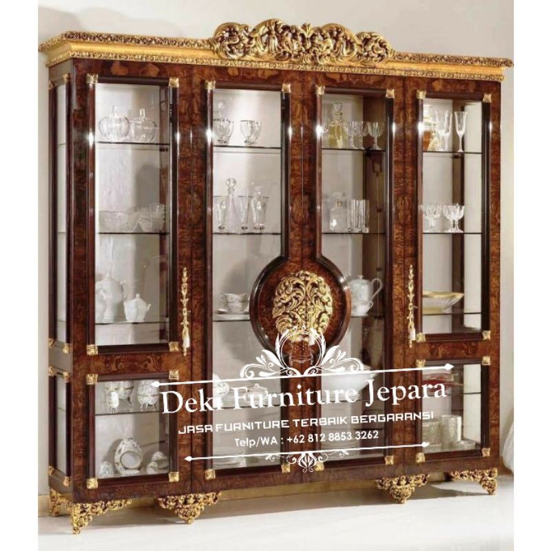 LEMARI KACA HIAS MINIMALIS RUANG TAMU MEWAH TERBARU 4 PINTU CUSTOM EROPA LUXURY UKIRAN ASLI JEPARA