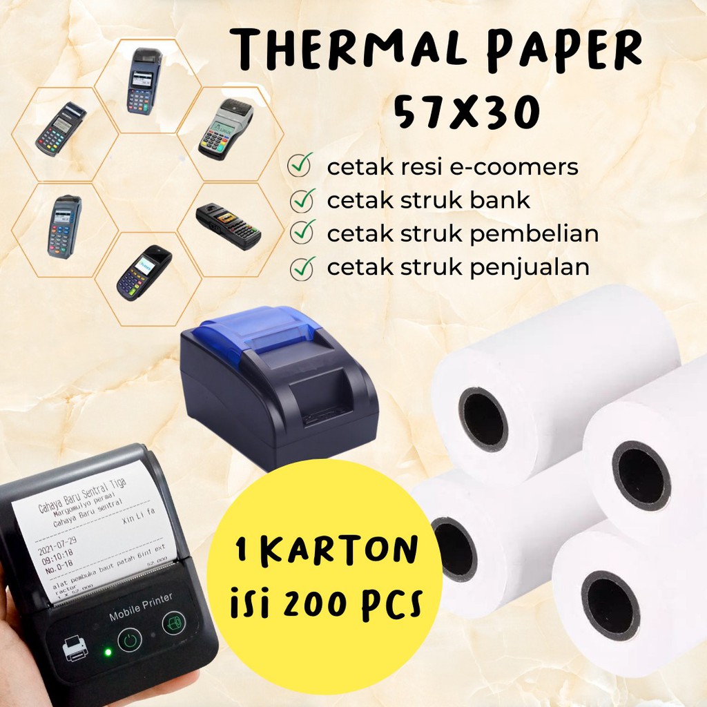 

Kertas Struk Kasir Paper Roll Termal 1 karton 200 roll uk 57x30mm