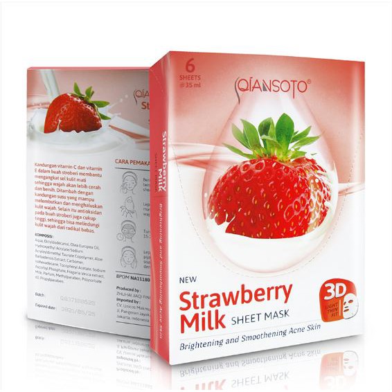 Qiansoto Sheet Mask Strawberry Milk Brightening and Smoothening Acne Skin (1 Box @6 Sachet)