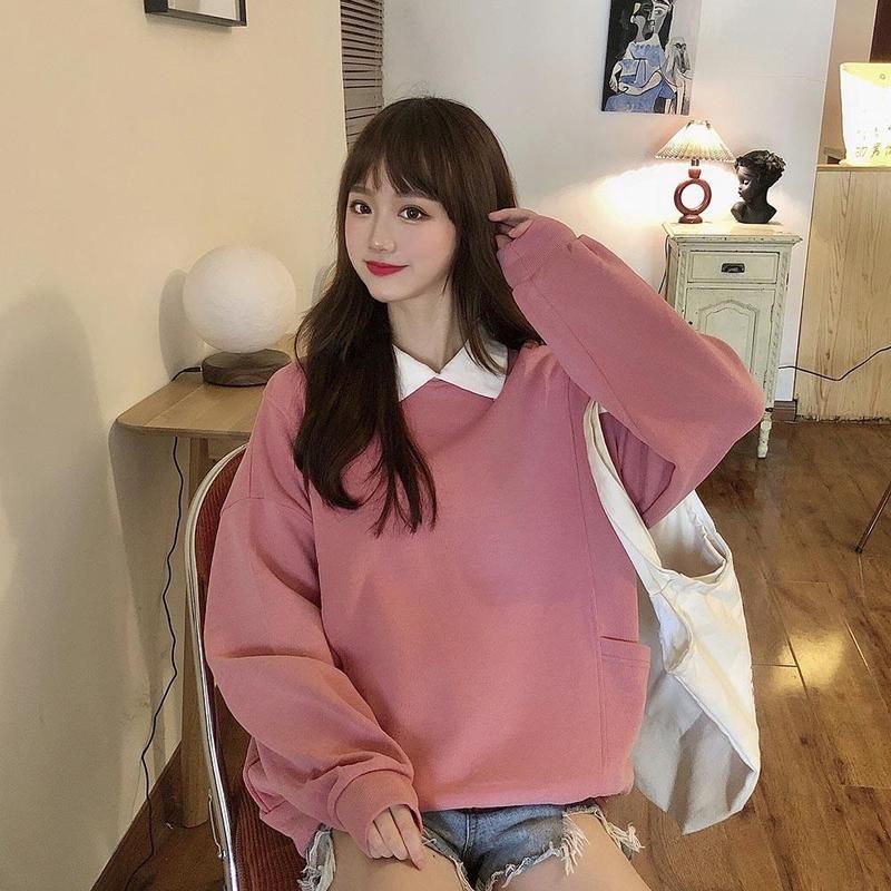 Lutest Oversize Sweater Kerah Wanita Bahan Fleece Korean style