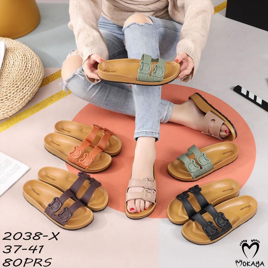 Sandal Slop Wanita Mokaya Model Ban 2 Gesper Bear Warna - Mokaya 2038X (37-41) / Slides Wanita