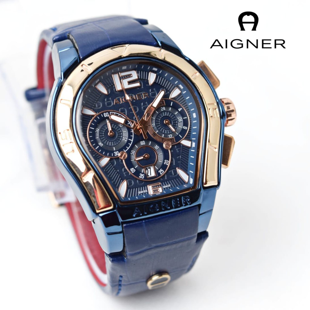 (COD) Jam Tangan Pria Aigner A3215H Chrono Tanggal Aktif Tali Kulit Free Box & Baterai Cadangan - Ja