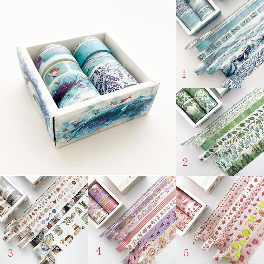 Chookyy 8roll/set Washi Tape Perlengkapan Sekolah Daun Hijau Kaktus Dicetak Multi-Warna Hias Scrapbooking Stiker