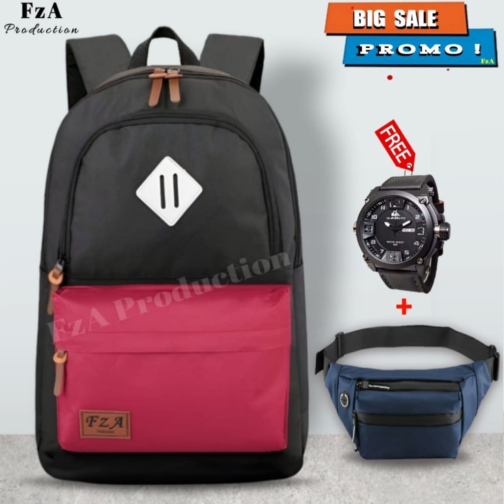 Tas Ransel Gendong Laptop Distro Sekolah Kuliah Pria Wanita Black Murah Original GRATIS Jam Tangan Dan Slempang