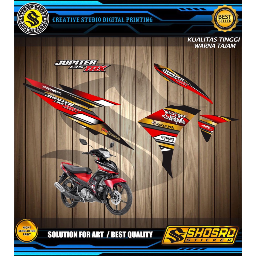 STRIPING CUSTOM MOTOR YAMAH JUPITER MX NEW 135 MOTIF RACING SIMPLE HITAM MERAH POLET GOLD/STICKER VA