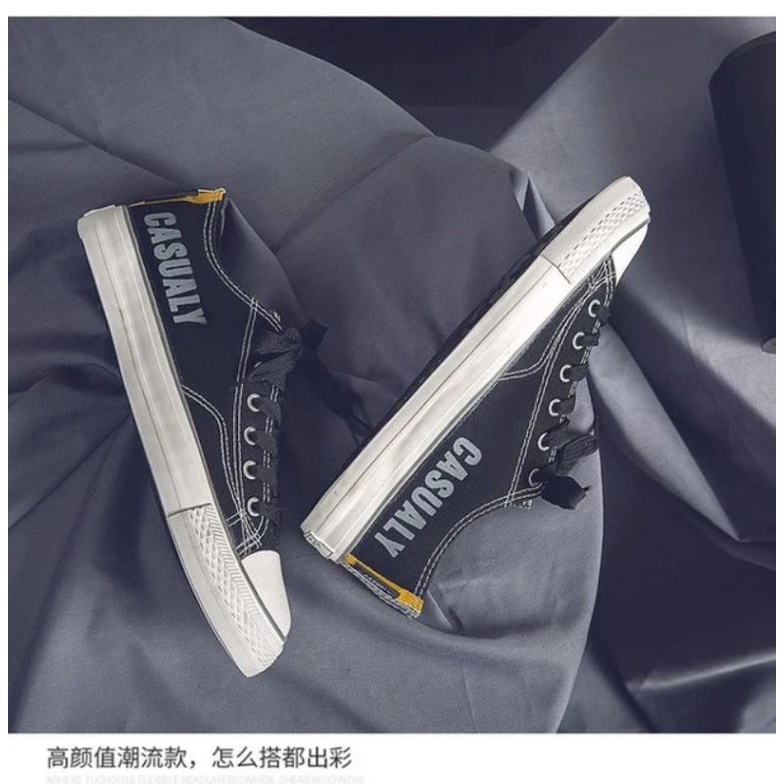 IDEALIFESHOES Sepatu Cowok Couple Sneakers Impor Korea Casual Low Top High Top Canvas Warna Hitam kyb02 Casualy shoes Pria