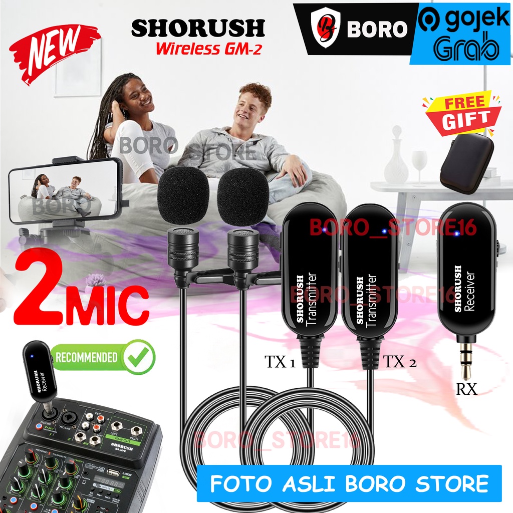 Shorush GM 2 Microphone Mic Clip On Wireless Dual 2 Orang Live Streaming Untuk Smartphone HP Vlog Po