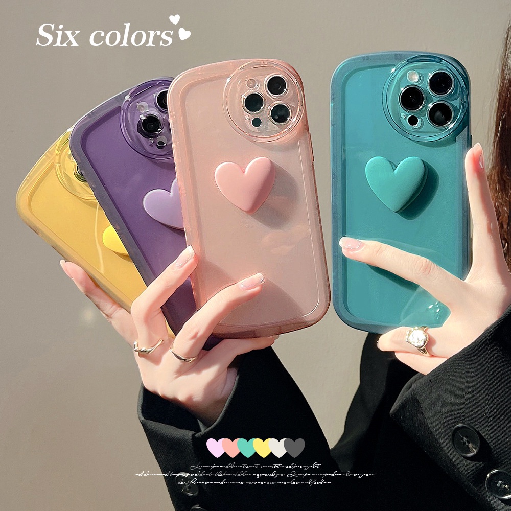 IPHONE 3d Cinta Hati Warna Solid Transparan Musim Panas Phone Case Cover Untuk Iphone7 8 PLUS X XR XS 11 12 13 14 PRO MAX SE 2020