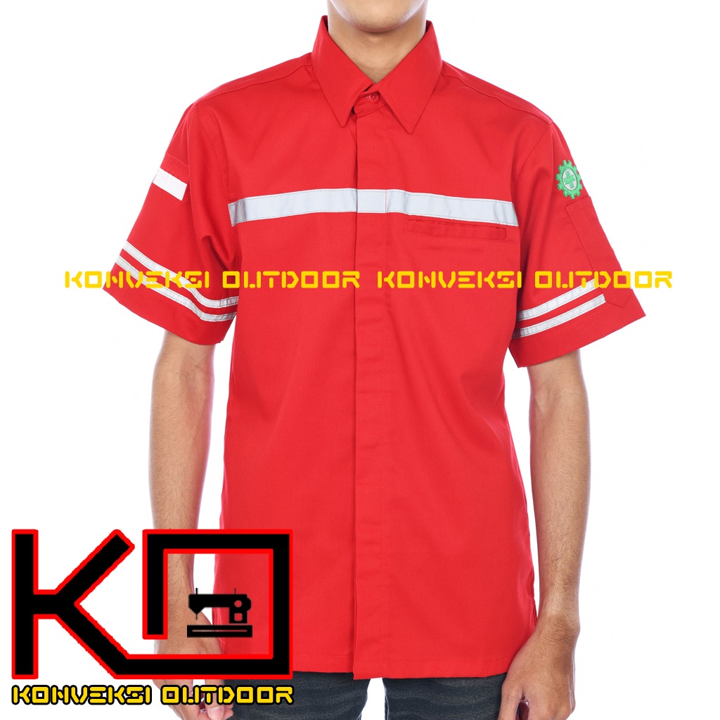 KEMEJA WEARPACK BAJU SAFETY K3 OUTDOOR INDOOR - Seragam Kemeja Kerja Lapangan Lengan Pendek Proyek Bangunan Tambang Alat Berat PLN Enginer Instalasi Mesin werpek sefti Scotlit Warna Merah Konveksi Outdoor