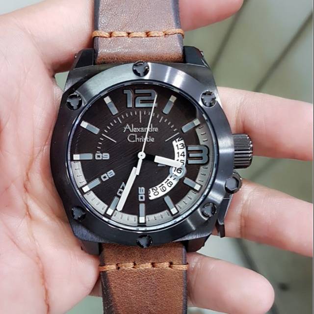 Jam Tangan Keren Pria Alexandre Christie AC 6456 Leather Dust Case Black Original