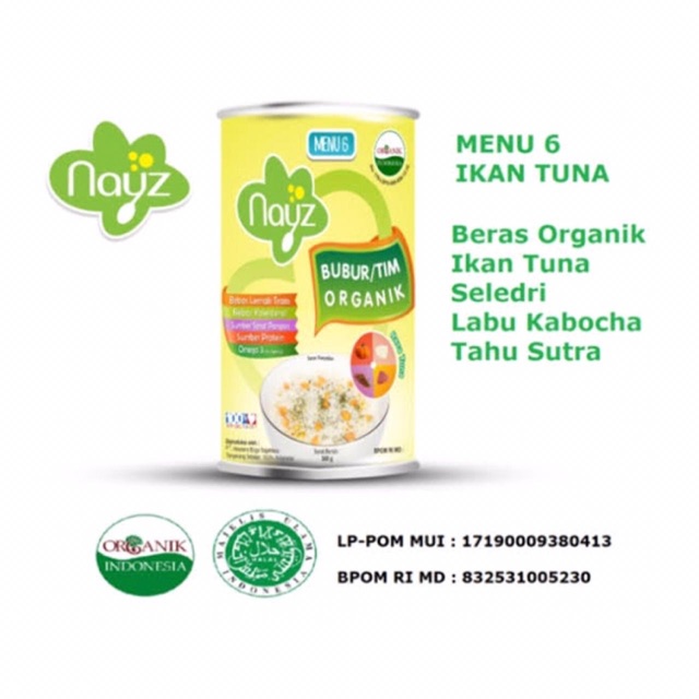 Nayz bubur organik menu 6 (tuna) kemasan kaleng 300gram