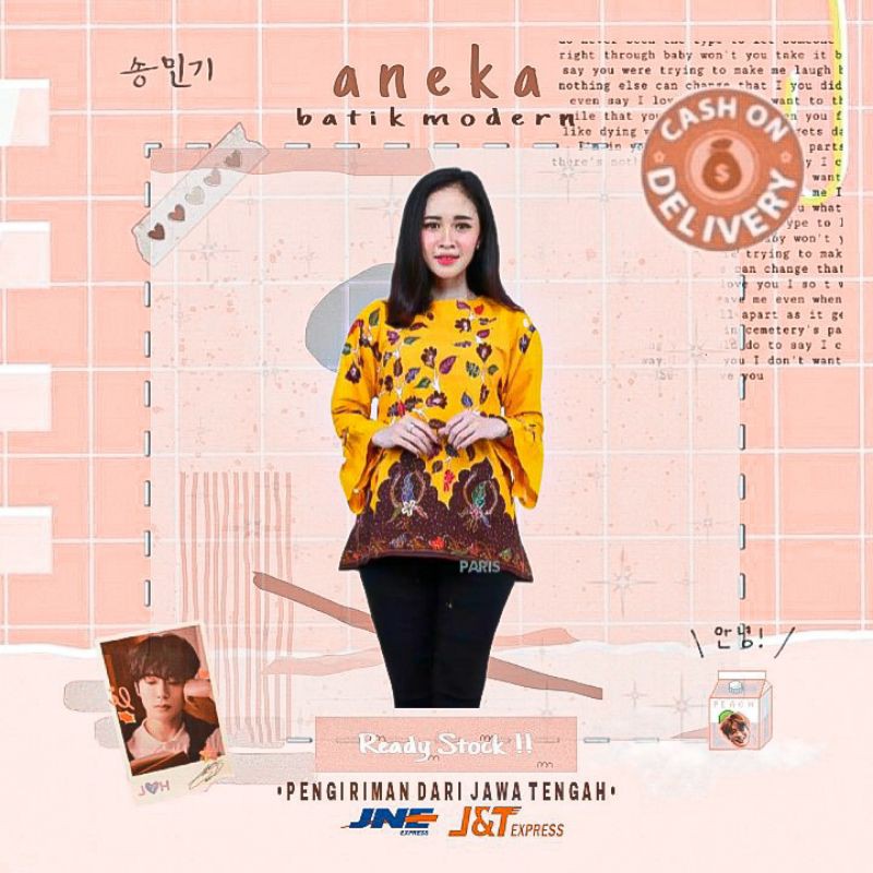 ATASAN BLOUSE BATIK WANITA LENGAN PANJANG WARNA COKLAT KUNING KANTOR KERJA KONDANGAN