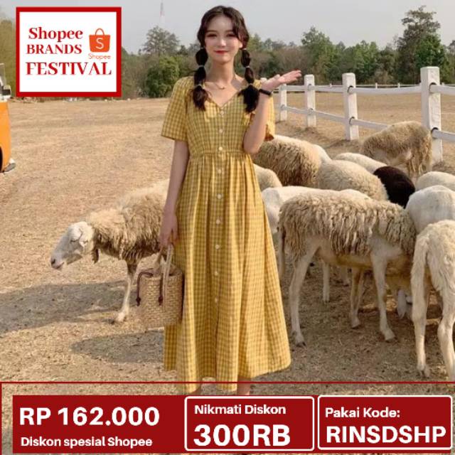 (COD/ bayar ditempat) Baju Wanita Dres Panjang Lengan Pendek/motip Corak Kotak/gaya Fashion Korea