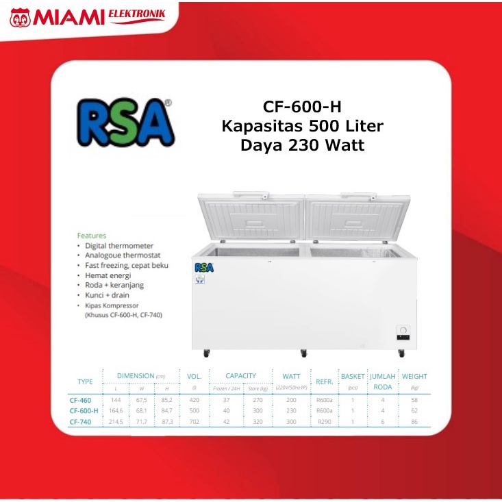 NEW Chest Freezer RSA CF-600-H Freezer Box RSA CF-600H Garansi Resmi 500 Liter