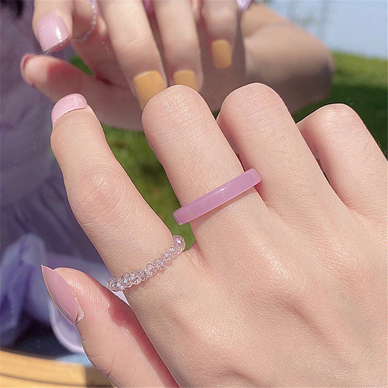 2 Pcs/set Candy Color Simple Style Transparent Acrylic Imitation Crystal Ring for Women Jewelry