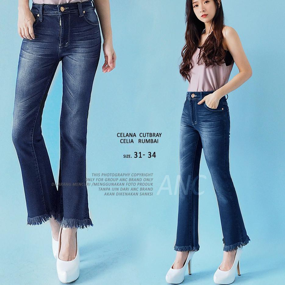 G8H3 Celana Jeans Jumbo Wanita Terkini - Celana Cutbray Celia DMD Rumbai V7K