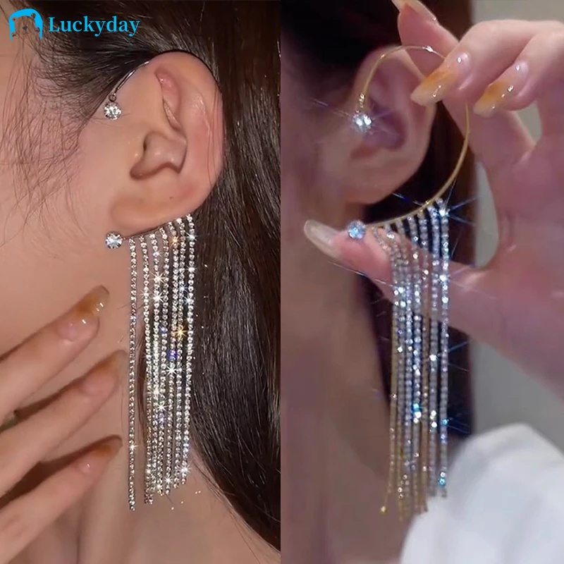 YEEZII Anting Kait Rumbai Tanpa Tindik Warna Gold / Silver Hias Kristal Untuk Wanita