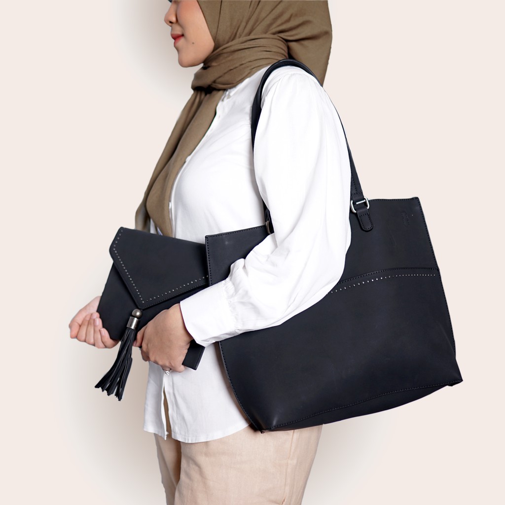 Mores Tas Kerja Tote Bag Wanita PU Kulit Suede Sintetis &amp; Envelope ClutchNoelle Office Woman Totebag 2 in 1 Polos Hitam