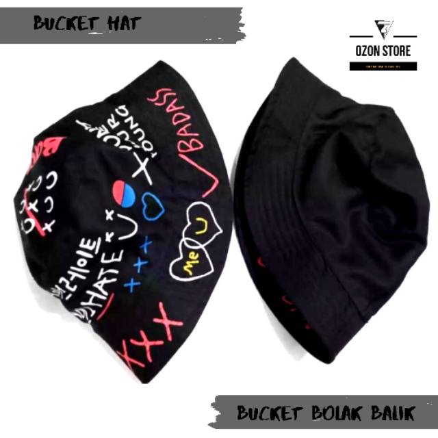 Topi Bucket Sablon Premium Bolak Balik / Topi Bucket Pria Wanita Hat Sablon BADAS