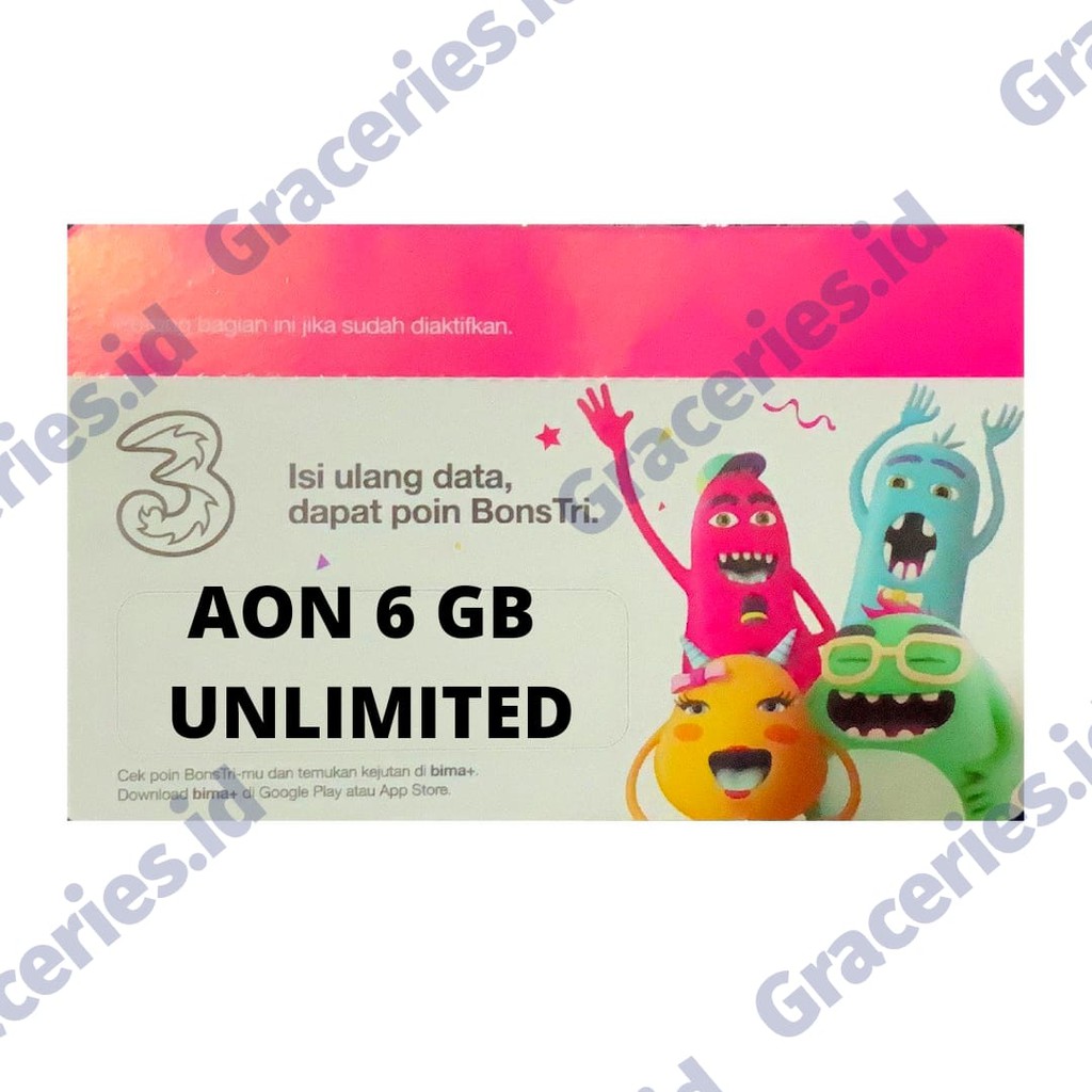 Voucher TRI/THREE AON 6 GB MASA AKTIF IKUT KARTU + UNLIMITED 30 HARI