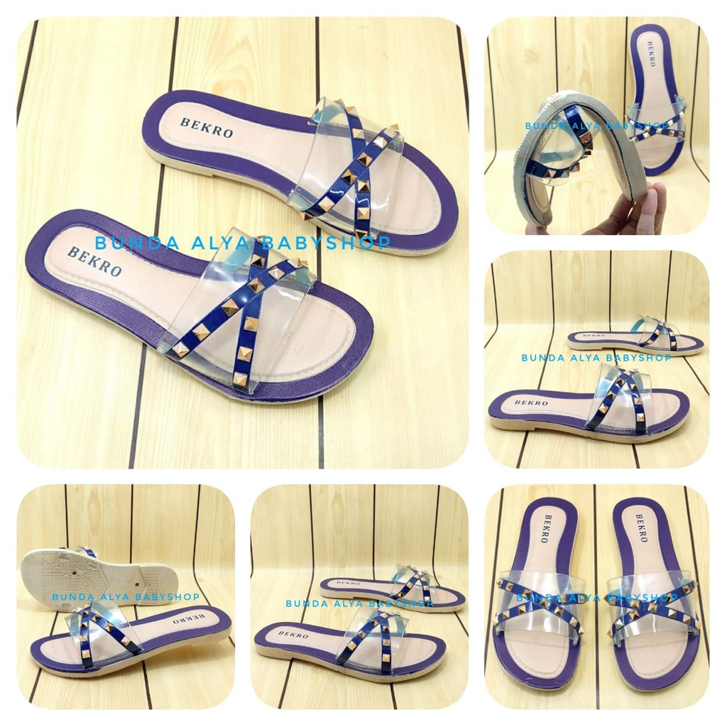 Sandal Wanita Slop Flat Size 36 - 40 NAVY - Sendal Selop Transparan Sandal Flat Wanita OpenToe SALE