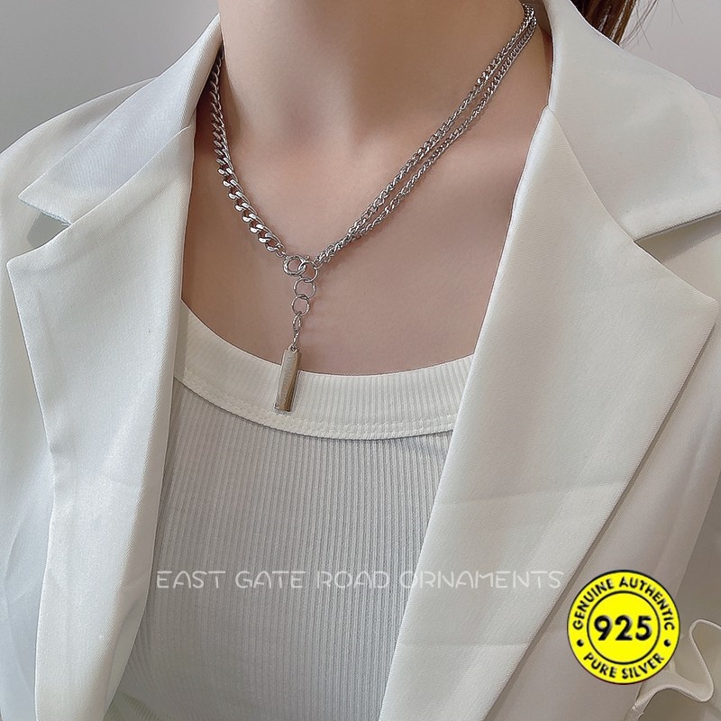 Kalung Rantai Sterling Silver 925 Dengan Liontin Batu Onyx Hitam Bentuk Kotak Untuk Wanita