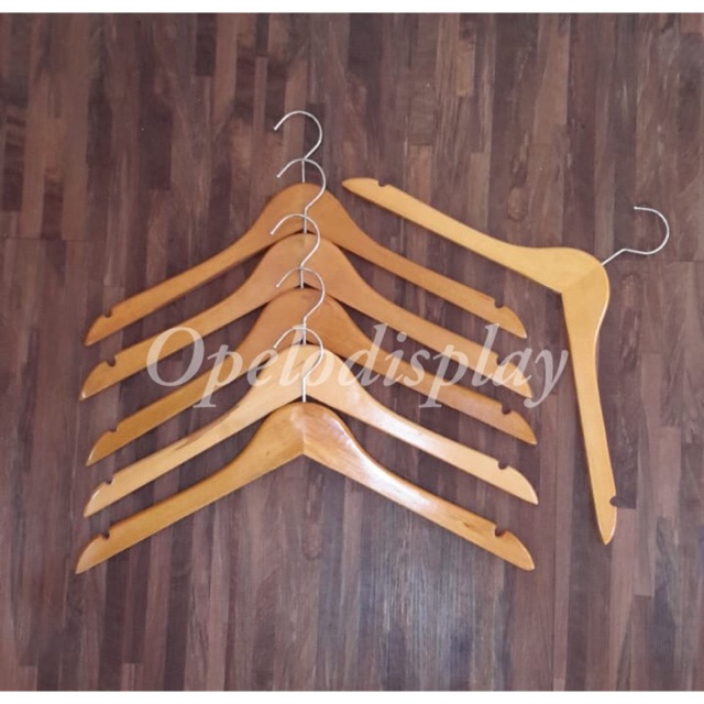 ( 6 PCS ) GANTUNGAN BAJU / HANGER KAYU NATURAL DEWASA SUPER HOOK SILVER BULAT  9 CM (LKKB)