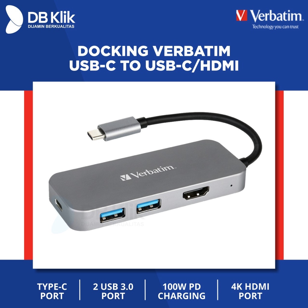 Docking Verbatim USB-C To USB C HDMI PD100W- USB C Hub Verbatim 66123