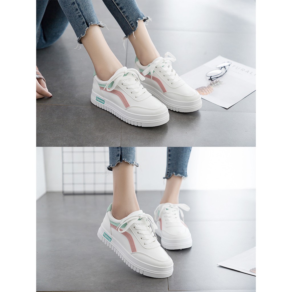 【CUCI GUDANG】Sepatu Sneakers Wanita Kasual Model Simpul Tali Aksen List Warna untuk Wanita size 35-40