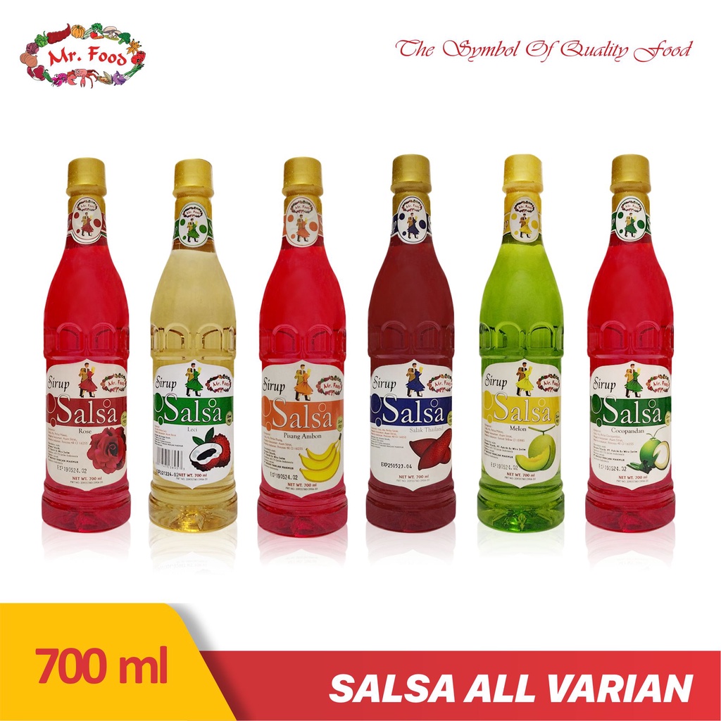 

Sirup Salsa Cocopandan Melon Salak Lychee Mawar Pisang Ambon Mr. Food Kemasan Botol 700ml