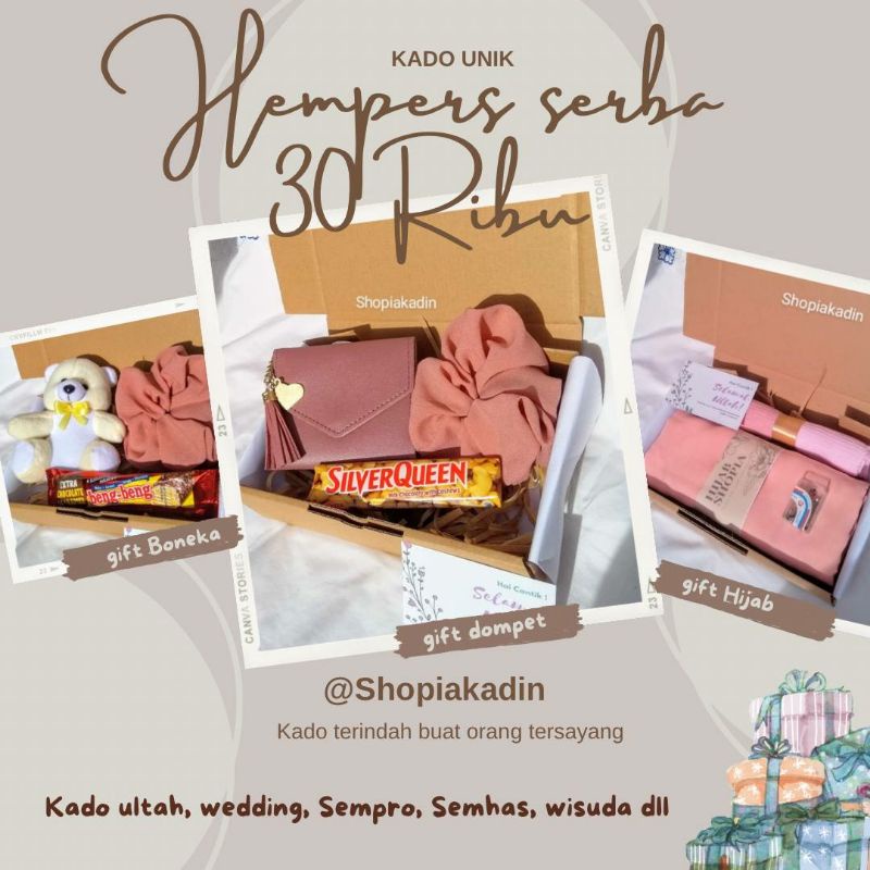

Kado Serba 30k | HEMPERS MURAH | hadiah Ultah | kado pernikahan | Kado Wisuda Sumbar | kado semhas | Wisuda