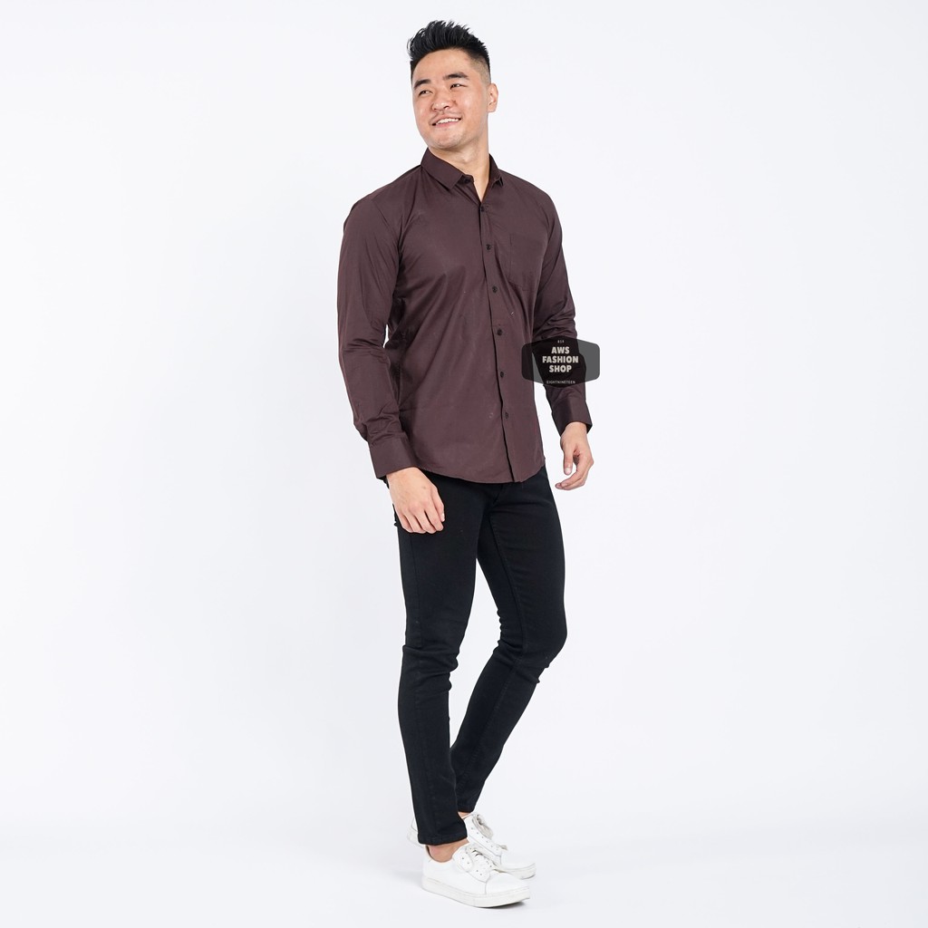 Kemeja Pria Lengan Panjang Polos Coklat Tua Dark Brown Kemeja Cowok Keren Casual Slimfit 3242