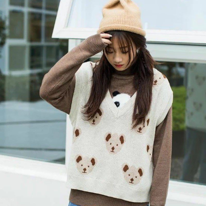 Rompi Wanita VEST KOREAN BEAR KNIT TEBAL PREMIUM